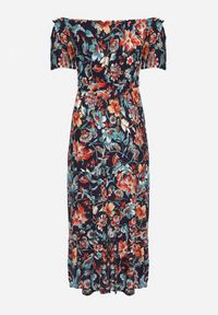 Born2be - Granatowo-Różowa Sukienka z Hiszpańskim Dekoltem z Wiązanym Paskiem w Kwiaty z Bawełny Rissanique. Okazja: na co dzień. Kolor: niebieski. Materiał: bawełna. Wzór: kwiaty. Sezon: lato. Typ sukienki: rozkloszowane. Styl: casual, elegancki #4