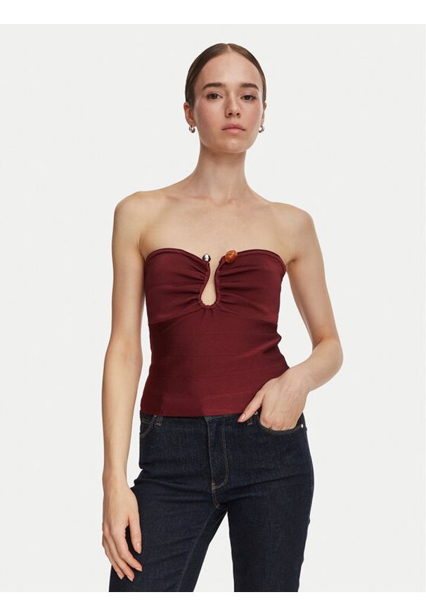 Guess Top W6YR37 Z1042 Bordowy Slim Fit. Kolor: czerwony. Materiał: wiskoza