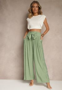 Renee - Zielone Wiskozowe Spodnie High Waist o Szerokim Kroju Aranisa. Okazja: na co dzień. Stan: podwyższony. Kolor: zielony. Materiał: wiskoza. Wzór: aplikacja. Styl: elegancki, casual