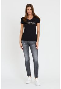 Guess - GUESS Czarny T-shirt z cyrkoniami. Kolor: czarny