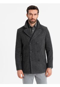 Ombre Clothing - Krótki dwurzędowy męski płaszcz z wełną – grafitowy V1. Okazja: na co dzień. Kolor: szary. Materiał: wełna. Długość: krótkie. Wzór: ze splotem, paski. Sezon: zima. Styl: casual, elegancki #9
