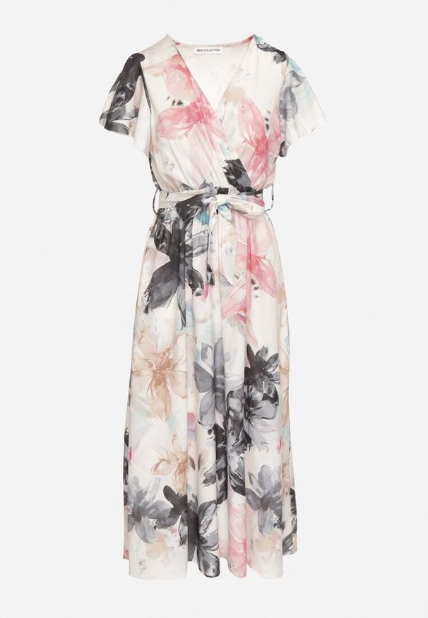 Born2be - Biało-Czarna Sukienka w Kwiaty o Kopertowym Kroju z Wiązanym Paskiem Redanae. Okazja: na co dzień. Kolor: czarny. Wzór: kwiaty. Typ sukienki: kopertowe. Styl: casual, elegancki