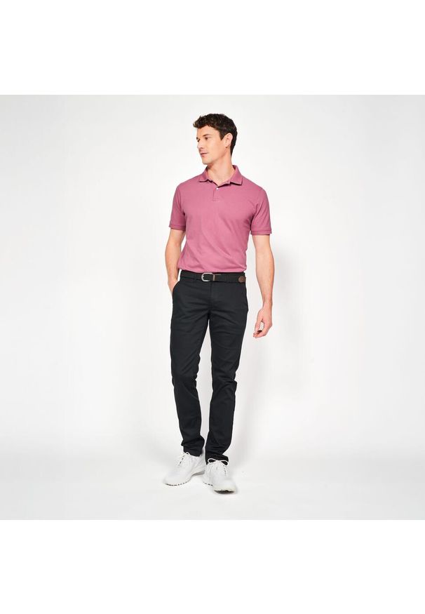 INESIS - Koszulka polo do golfa z krótkim rękawem męska Inesis MW500. Typ kołnierza: golf, polo. Kolor: fioletowy. Materiał: bawełna, materiał, poliester. Długość rękawa: krótki rękaw. Długość: krótkie. Wzór: ze splotem. Styl: klasyczny