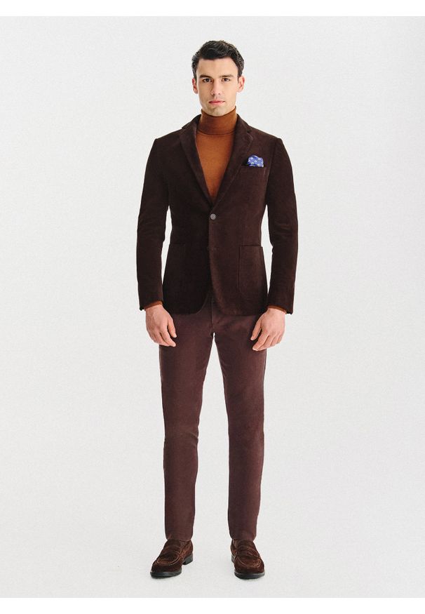 Pako Lorente - PAKO LORENTE - Brązowa sztruksowa marynarka męska. Okazja: na co dzień. Kolor: niebieski, brązowy. Materiał: sztruks. Styl: casual