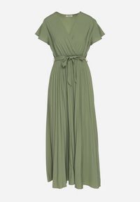 Born2be - Ciemnozielona Elegancka Sukienka Maxi w Plisy z Kopertowym Dekoltem i Wiązaniem Thessi. Kolor: zielony. Sezon: lato. Typ sukienki: kopertowe. Styl: elegancki. Długość: maxi #7