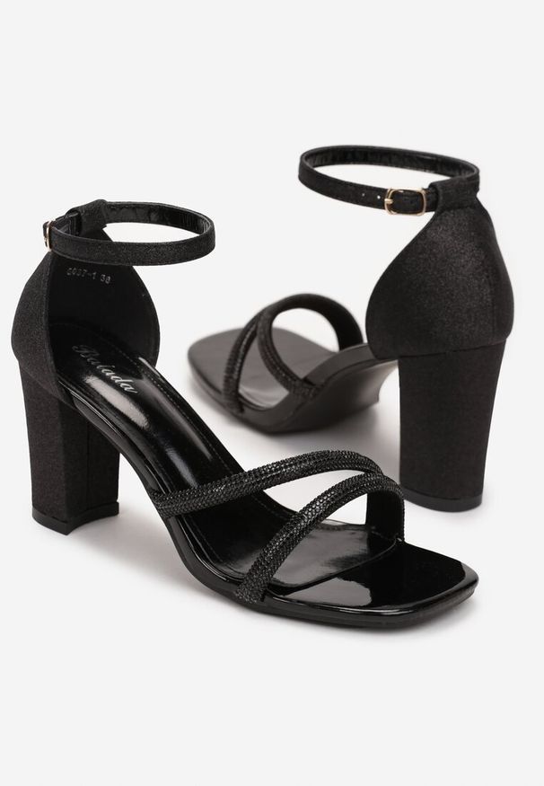 Born2be - Czarne Brokatowe Sandały w Cyrkonie na Słupku Ladite. Kolor: czarny. Obcas: na słupku. Styl: glamour