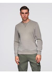 Ombre Clothing - Washowana bluza męska z ozdobnym przeszyciem przy dekolcie - beżowa V2. Kolor: beżowy. Materiał: jeans, materiał, poliester, bawełna. Wzór: haft