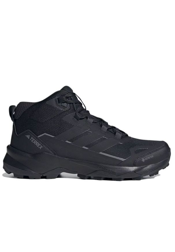 Adidas - Buty męskie adidas Terrex Skychaser AX5 Mid GTX JQ2207 - czarne. Zapięcie: pasek. Kolor: czarny. Materiał: guma, syntetyk, materiał. Szerokość cholewki: normalna. Technologia: Gore-Tex. Wzór: aplikacja, paski. Model: Adidas Terrex. Sport: turystyka piesza