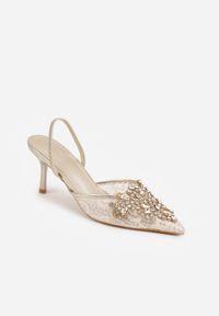 Renee - Złote Koronkowe Czółenka VICES na Szpilce z Odkrytą Piętą i Cyrkoniami Idaphei. Okazja: na imprezę. Nosek buta: szpiczasty. Zapięcie: pasek. Kolor: złoty. Wzór: aplikacja. Materiał: koronka. Sezon: lato. Obcas: na szpilce. Styl: glamour, elegancki. Wysokość obcasa: średni #3