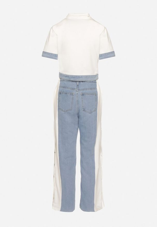 Born2be - Biało-Niebieski Komplet T-shirt z Zapięciem na Suwak i Spodnie z Rozpinanymi Nogawkami Atariela. Kolor: biały. Materiał: jeans