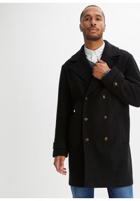 bonprix - Płaszcz dwurzędowy z materiału z domieszką wełny. Kolor: czarny. Materiał: wełna, materiał #1
