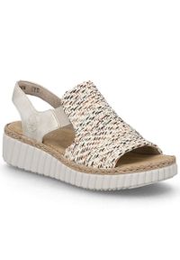 Sandały damskie na platformie plecionka beżowe Rieker 69276-60. Kolor: beżowy. Materiał: tkanina. Obcas: na platformie #1