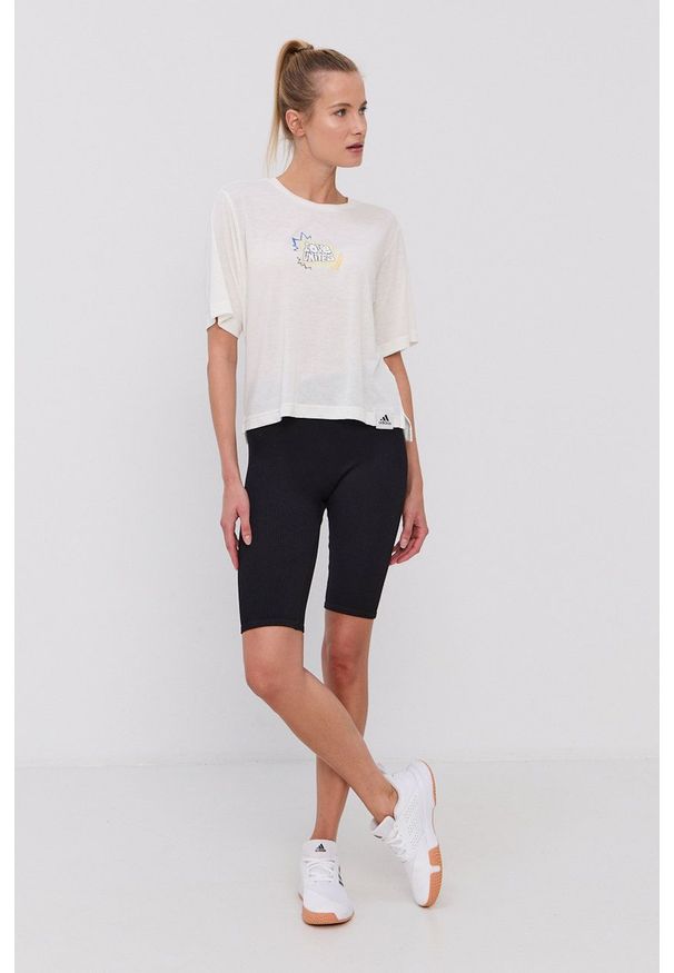 adidas Performance - T-shirt. Okazja: na co dzień. Kolor: beżowy. Wzór: nadruk. Styl: casual