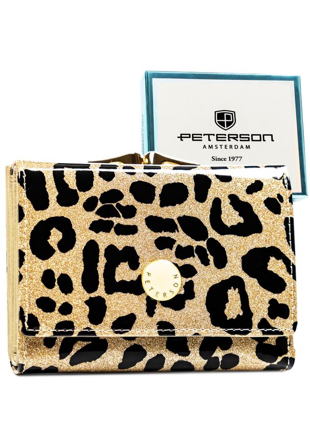 Złoty portfel damski ze skóry ekologicznej i naturalnej w cętki, zamykany biglem i zatrzaskiem - Peterson. Kolor: złoty. Materiał: skóra ekologiczna
