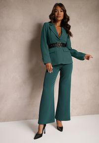 Renee - Ciemnozielone Szerokie Spodnie Materiałowe High Waist Dinnes. Stan: podwyższony. Kolor: zielony. Materiał: materiał. Wzór: gładki