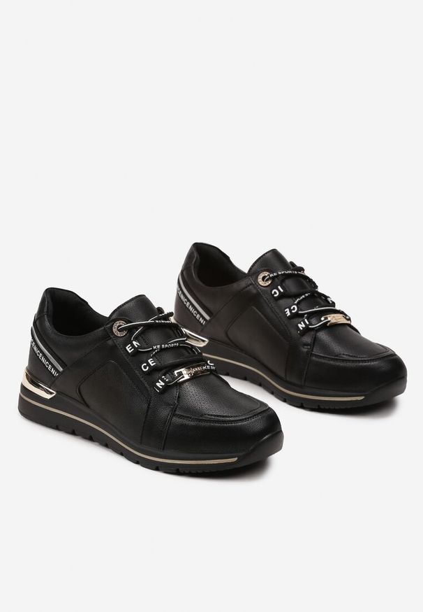 Born2be - Czarne Sneakersy Sznurowane z Metalową Wstawką i Perforacją ze Skórzaną Wkładką Pixia. Zapięcie: sznurówki. Kolor: czarny. Materiał: skóra