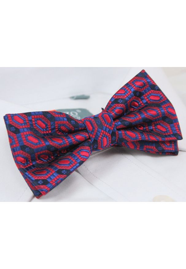 Granatowo-Czerwona Mucha + Biała Poszetka - Chattier - Wzór Geometryczny, Męska. Kolor: wielokolorowy, niebieski. Wzór: geometria. Styl: sportowy, elegancki