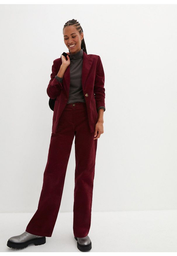 bonprix - Spodnie sztruksowe z bawełny organicznej z domieszką stretchu. Kolor: czerwony. Materiał: bawełna, sztruks