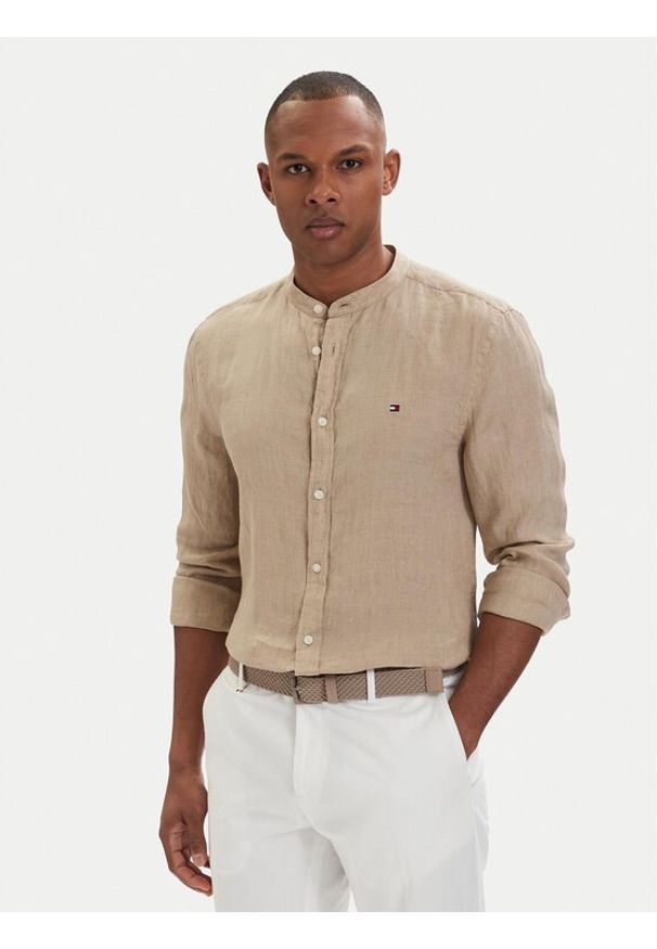 TOMMY HILFIGER - Tommy Hilfiger Koszula MW0MW39271 Beżowy ciemny Slim Fit. Kolor: beżowy. Materiał: len