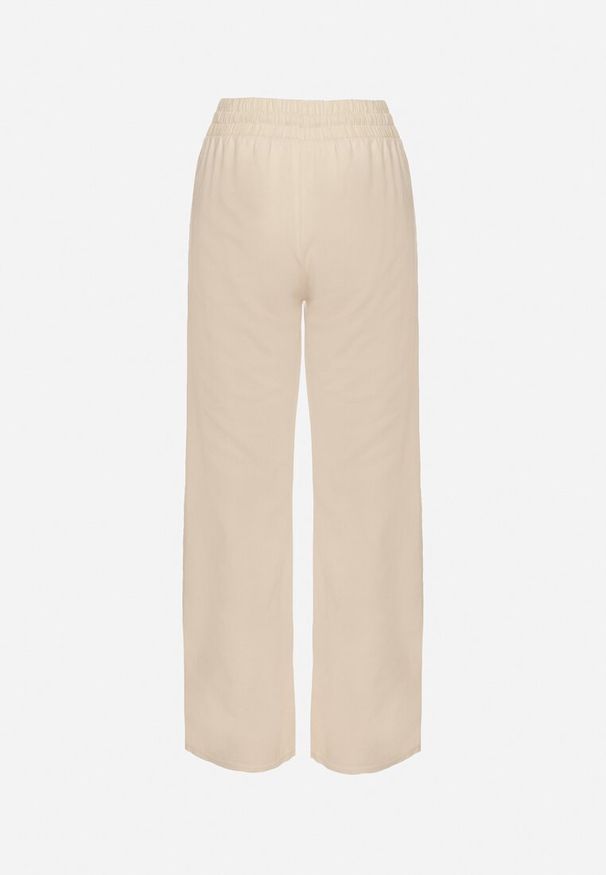 Born2be - Beżowe Spodnie z Bawełny Ozdobione Wiązaniem Davione. Okazja: na co dzień. Kolor: beżowy. Materiał: bawełna. Wzór: aplikacja. Styl: casual, elegancki