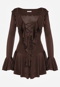 Renee - Brązowa Sukienka o Taliowanym Kroju z Falbanami Tiseania. Okazja: na randkę. Typ kołnierza: dekolt sznurowany, kołnierz z falbankami, dekolt w kształcie V. Kolor: brązowy. Styl: klasyczny #7
