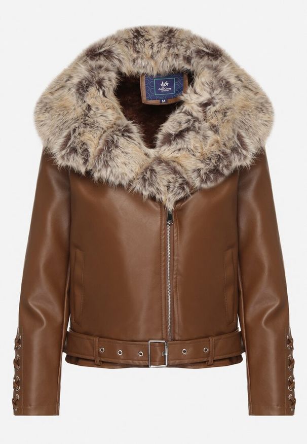 Born2be - Brązowa Kurtka Ramoneska z Odpinanym Kapturem i Futrem Aplonna. Kolor: brązowy. Materiał: futro. Sezon: zima, jesień. Styl: klasyczny