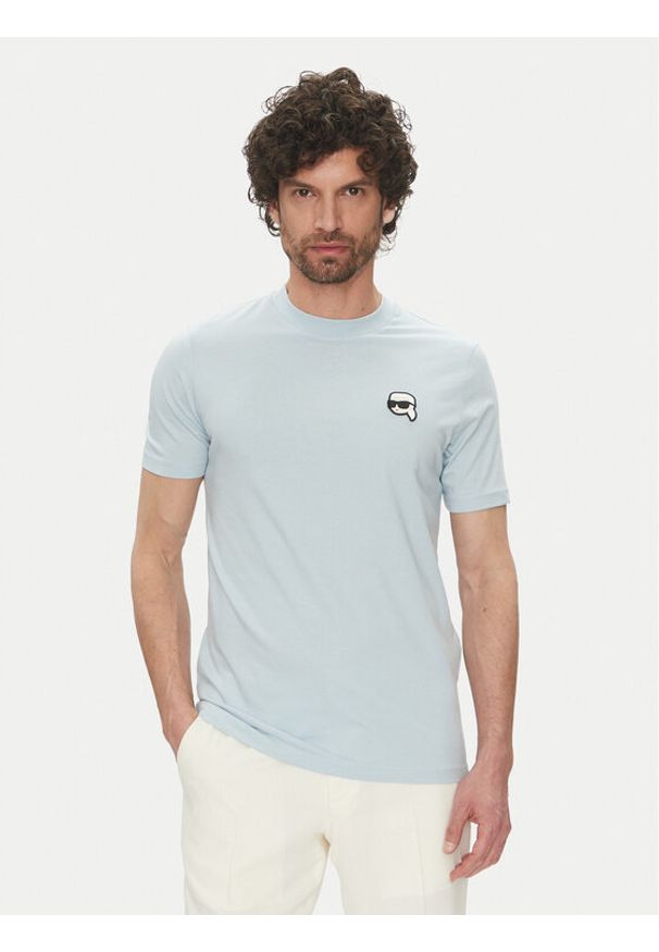 Karl Lagerfeld - KARL LAGERFELD T-Shirt 755710 552224 Błękitny Regular Fit. Typ kołnierza: dekolt w karo. Kolor: niebieski. Materiał: bawełna