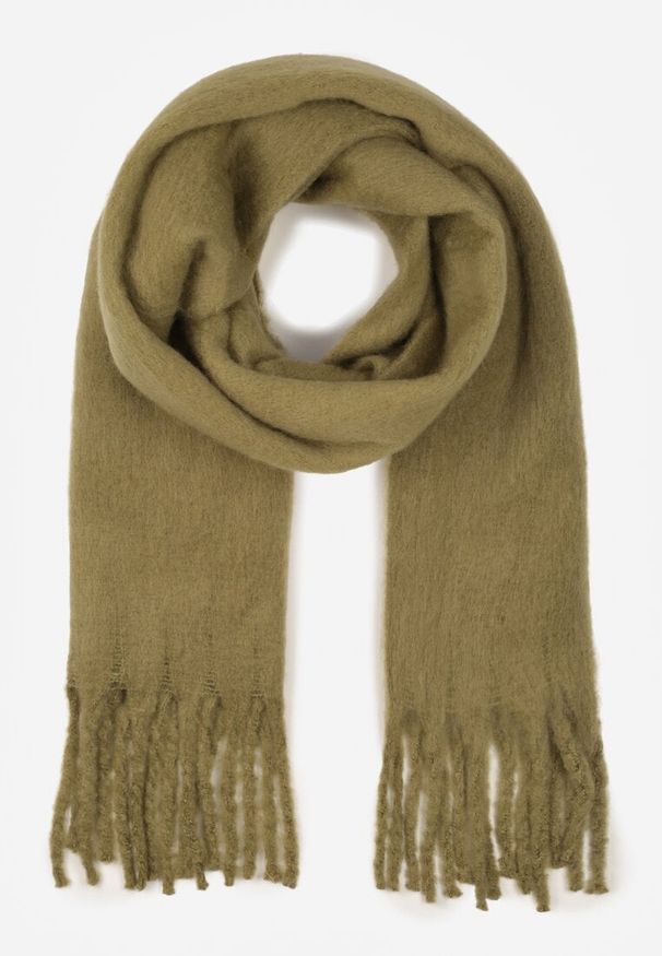 Born2be - Ciemnobeżowy Szalik z Ozdobnymi Frędzlami Esariana. Okazja: na co dzień. Kolor: beżowy. Wzór: aplikacja. Styl: klasyczny, casual