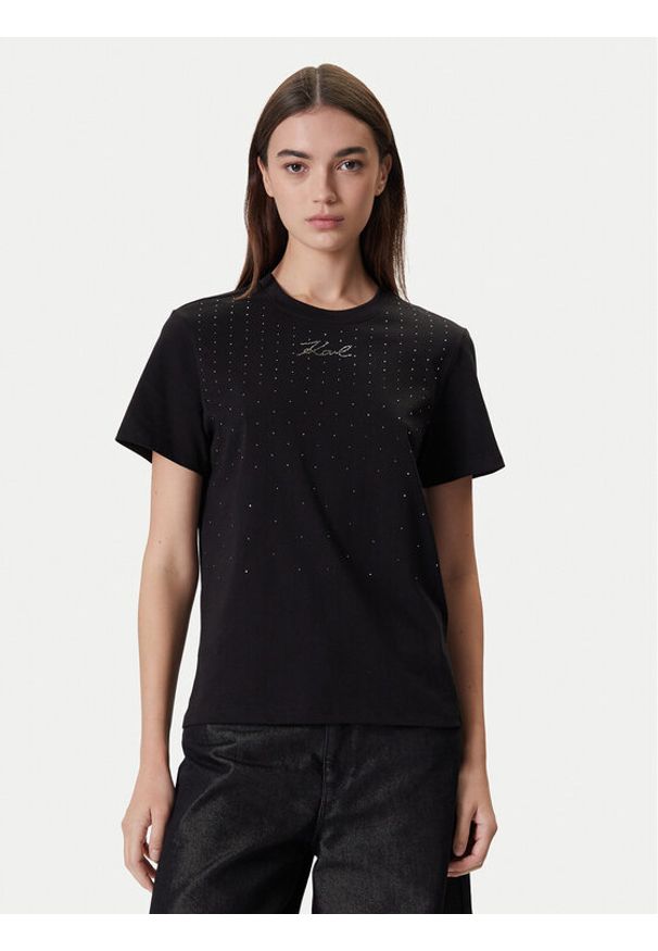 Karl Lagerfeld - KARL LAGERFELD T-Shirt A4W17050 Czarny Regular Fit. Typ kołnierza: dekolt w karo. Kolor: czarny. Materiał: bawełna