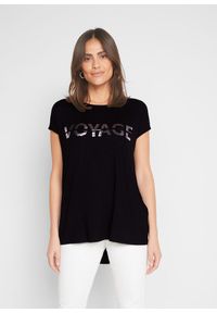 bonprix - Długi shirt z metalicznym nadrukiem. Kolor: czarny. Długość: długie. Wzór: nadruk