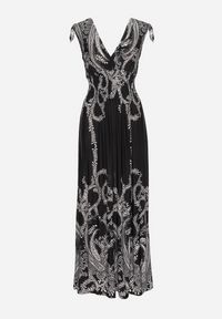 Born2be - Czarna Sukienka z Ornamentalnym Wzorem Gumką w Talii i Sznurkami na Ramionach Avemina. Kolor: czarny. Styl: klasyczny, elegancki