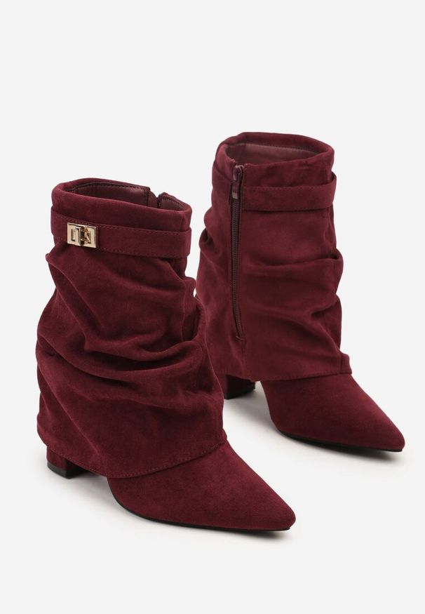 Born2be - Bordowe Marszczone Botki na Obcasie z Wywiniętą Cholewką Latirelle. Okazja: na co dzień. Kolor: czerwony. Materiał: jeans. Szerokość cholewki: normalna. Obcas: na obcasie. Styl: casual, elegancki. Wysokość obcasa: średni