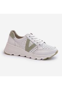 Vinceza Damskie Skórzane Lekkie Buty Sportowe Białe Eleonori. Zapięcie: sznurówki. Kolor: biały. Materiał: skóra. Szerokość cholewki: normalna. Wzór: ażurowy. Obcas: na koturnie #11
