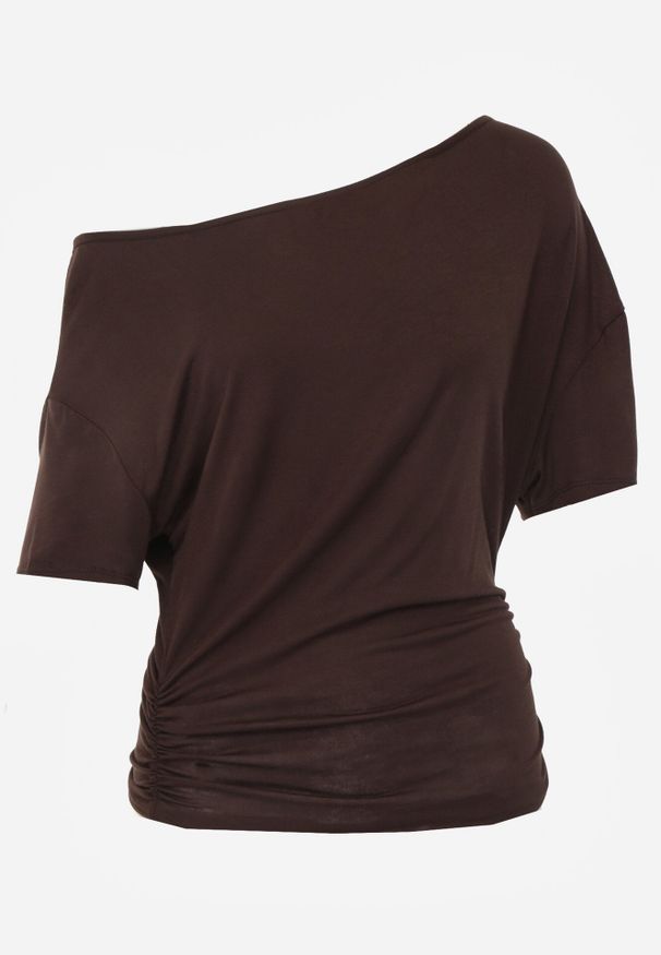 Born2be - Brązowa Wiskozowa Bluzka Nietoperzowa na Jedno Ramię z Marszczeniem w Talii Bolea. Okazja: do pracy, na co dzień, na spotkanie biznesowe. Kolor: brązowy. Materiał: wiskoza. Długość: długie. Styl: elegancki, biznesowy, klasyczny, casual