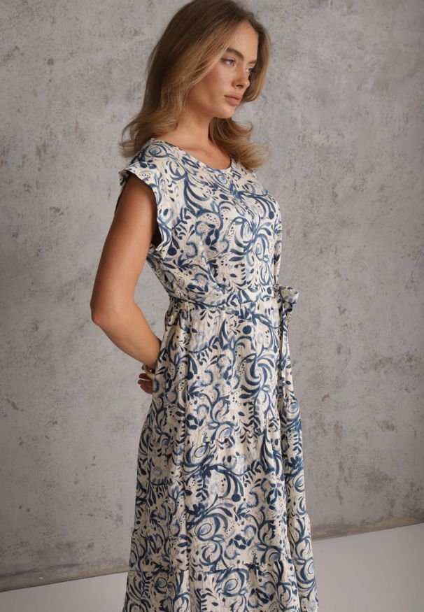 Renee - Niebieska Pudełkowa Sukienka z Wiskozy w Abstrakcyjny Print z Paskiem Palagea. Okazja: do pracy. Kolor: niebieski. Materiał: wiskoza. Wzór: nadruk. Styl: elegancki