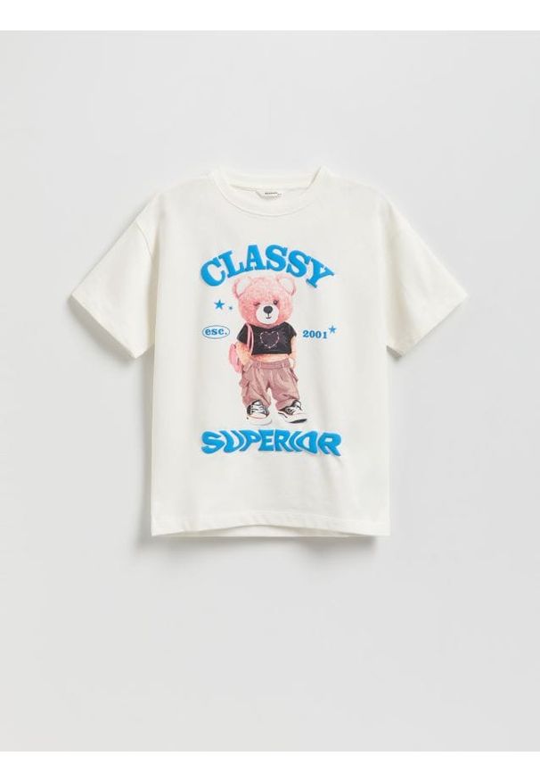 Reserved - Bawełniany t-shirt z nadrukiem - złamana biel. Materiał: bawełna. Wzór: nadruk