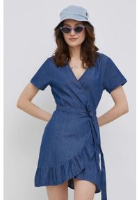 JDY sukienka bawełniana mini rozkloszowana. Kolor: niebieski. Materiał: bawełna. Długość rękawa: krótki rękaw. Typ sukienki: rozkloszowane. Długość: mini