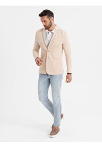 Ombre Clothing - Męska marynarka SLIM z dzianiny o subtelnej strukturze – beżowa V5 - Rozmiar: L. Okazja: do pracy. Kolor: beżowy. Materiał: dzianina. Wzór: kolorowy. Styl: klasyczny #12