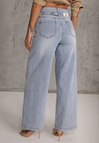 Renee - Niebieskie Jeansy Wide Leg High Waist z Bawełną z Denimowym Paskiem Evanna. Okazja: na co dzień. Stan: podwyższony. Kolor: niebieski. Styl: casual #4