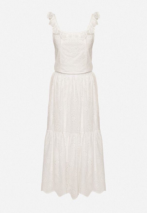 Born2be - Biały Wiskozowy Komplet w Stylu Boho Top z Falbanką i Spódnica z Haftem Natisena. Kolor: biały. Materiał: wiskoza. Wzór: haft