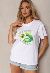 Renee - Biało-Zielony Bawełniany T-shirt Koszulka z Krótkim Rękawem i Nadrukiem Gravilla. Kolor: biały. Materiał: bawełna. Długość rękawa: krótki rękaw. Długość: krótkie. Wzór: nadruk. Sezon: lato