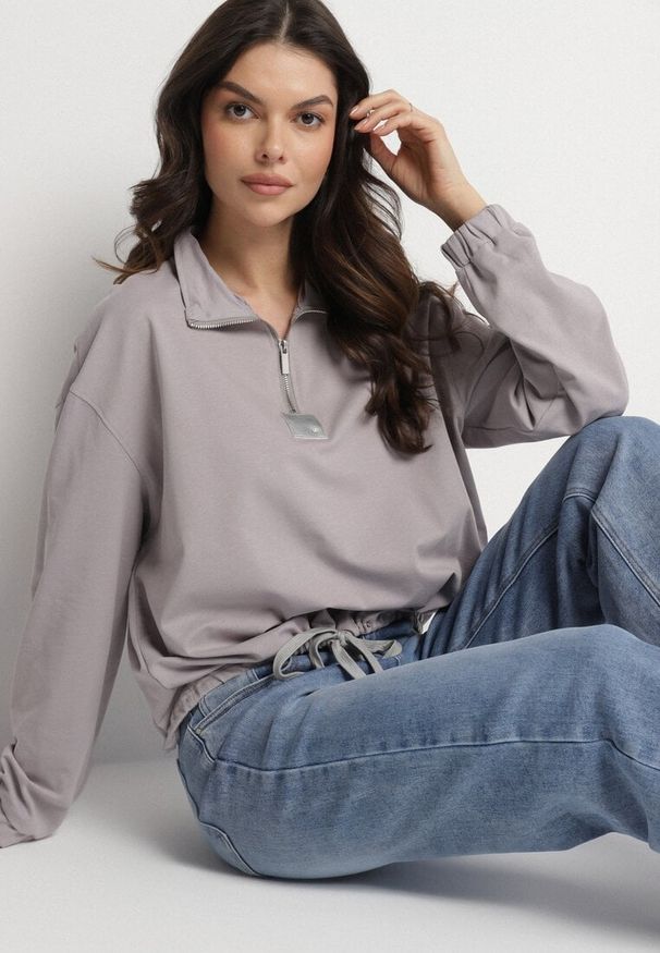 Born2be - Szara Bluza z Bawełną i Suwakiem Ściągana Sznurkami Felasa. Okazja: na co dzień, na spacer. Kolor: szary. Materiał: bawełna. Sezon: wiosna. Styl: casual