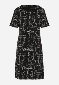 Born2be - Czarna Bawełniana Sukienka o T-shirtowym Kroju z Ozdobnym Nadrukiem Feviressa. Okazja: na co dzień. Kolor: czarny. Materiał: bawełna. Długość rękawa: krótki rękaw. Wzór: nadruk. Sezon: lato. Styl: elegancki, casual #5