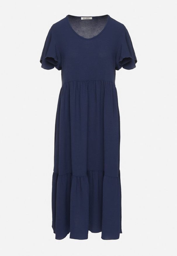 Born2be - Granatowa Sukienka o Rozkloszowanym Kroju z Wiskozą Filastia. Okazja: na co dzień. Typ kołnierza: dekolt w kształcie V. Kolor: niebieski. Materiał: wiskoza. Długość rękawa: krótki rękaw. Typ sukienki: rozkloszowane. Styl: elegancki, casual, klasyczny