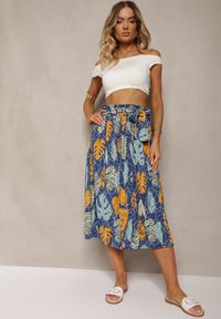 Renee - Niebiesko-Żółte Spodnie Szwedy z Bawełną High Waist Wykończone Gumką w Talii Pasefia. Okazja: na co dzień, do pracy. Stan: podwyższony. Kolor: niebieski. Materiał: bawełna. Styl: elegancki, casual #5
