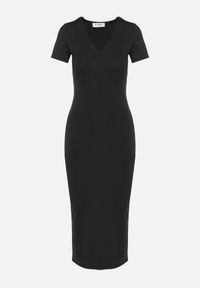 Born2be - Czarna Sukienka Dopasowana Bodycon z Dekoltem w Serek Efricene. Okazja: na co dzień. Typ kołnierza: dekolt w serek. Kolor: czarny. Materiał: jeans. Długość rękawa: krótki rękaw. Typ sukienki: bodycon. Styl: klasyczny, casual #5