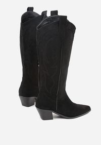 Renee - Czarne Haftowane Kozaki Kowbojki na Stożkowym Obcasie Galianna. Okazja: na co dzień. Kolor: czarny. Materiał: jeans, koronka. Wzór: haft. Obcas: na obcasie. Styl: casual. Wysokość obcasa: średni