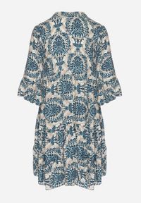 Born2be - Granatowo-Beżowa Rozkloszowana Sukienka z Bawełny z Falbanami w Ornamentalny Wzór Lanoreth. Okazja: na spacer, na co dzień. Typ kołnierza: dekolt w serek. Kolor: niebieski. Materiał: bawełna. Typ sukienki: rozkloszowane, proste. Styl: casual, klasyczny #4