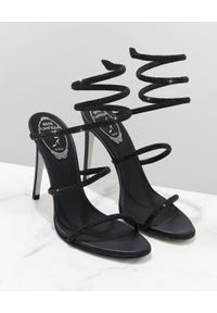 RENE CAOVILLA - Czarne sandały na szpilce Cleo. Nosek buta: okrągły. Zapięcie: pasek. Kolor: czarny. Materiał: satyna. Wzór: aplikacja, paski. Obcas: na szpilce. Styl: elegancki. Wysokość obcasa: średni #5