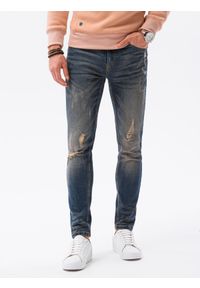 Ombre Clothing - Spodnie męskie jeansowe z przetarciami SLIM FIT P1021 - niebieskie - XXL. Okazja: na co dzień. Kolor: niebieski. Materiał: jeans. Styl: casual #3